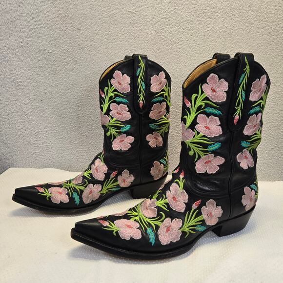Old Gringo Floral Embroidered Cowboy Boots Womens 10B Black Pink Leather Western - Picture 1 of 10